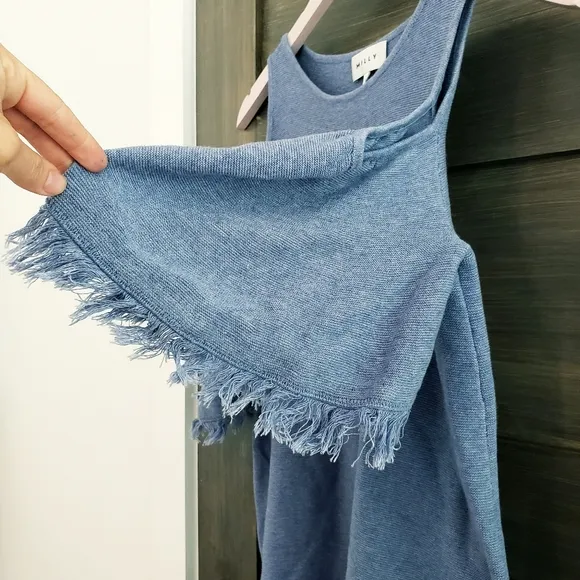 MILLY chambray blue off shoulder fringe dress sz S