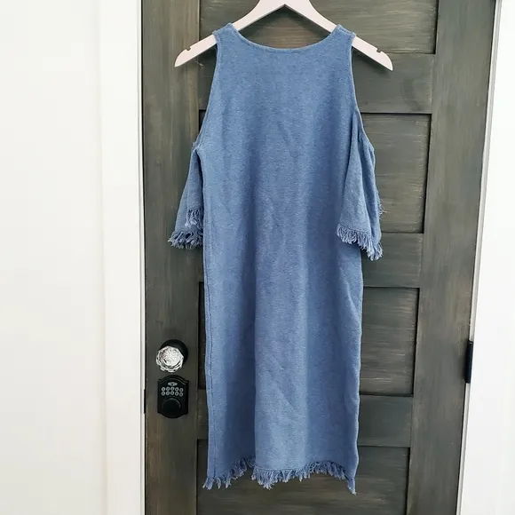 MILLY chambray blue off shoulder fringe dress sz S
