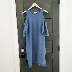 MILLY chambray blue off shoulder fringe dress sz S