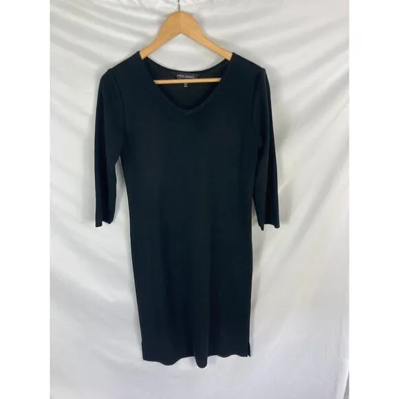 Ming Wang Black Knit 3/4 Sleeve V Neck Midi Dress Size Small
