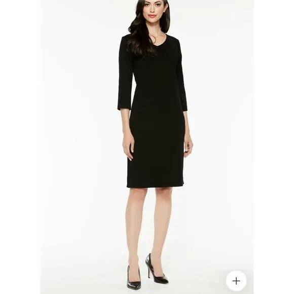 Ming Wang Black Knit 3/4 Sleeve V Neck Midi Dress Size Small