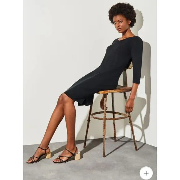 Ming Wang Black Knit 3/4 Sleeve V Neck Midi Dress Size Small