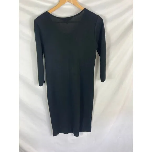 Ming Wang Black Knit 3/4 Sleeve V Neck Midi Dress Size Small