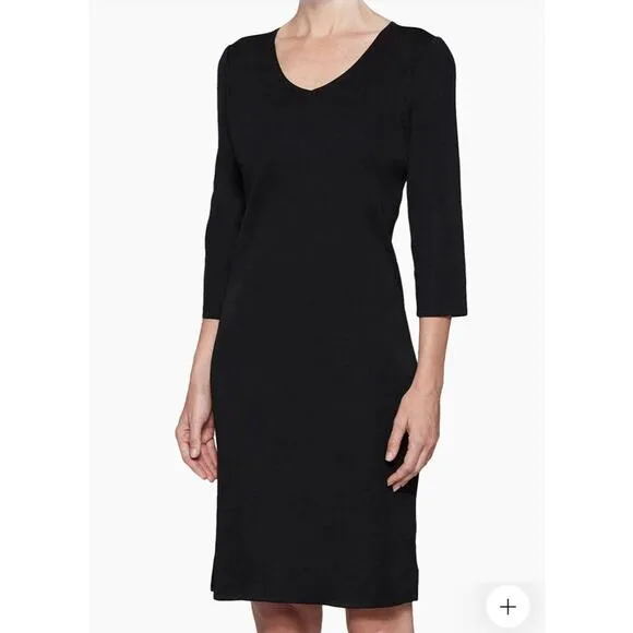 Ming Wang Black Knit 3/4 Sleeve V Neck Midi Dress Size Small