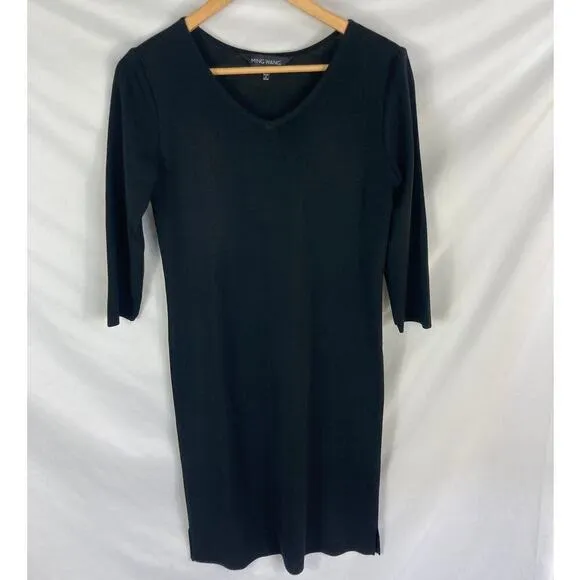 Ming Wang Black Knit 3/4 Sleeve V Neck Midi Dress Size Small