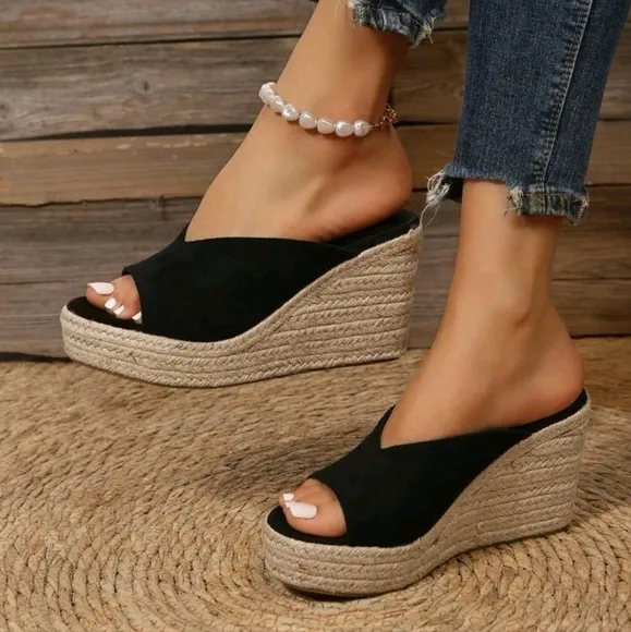 Minimalist Espadrille Faux Suede Wedge Slide Sandals