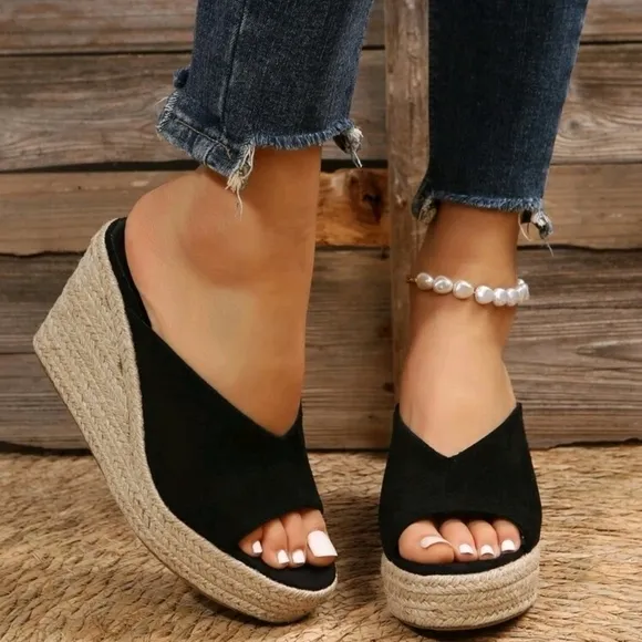 Minimalist Espadrille Faux Suede Wedge Slide Sandals