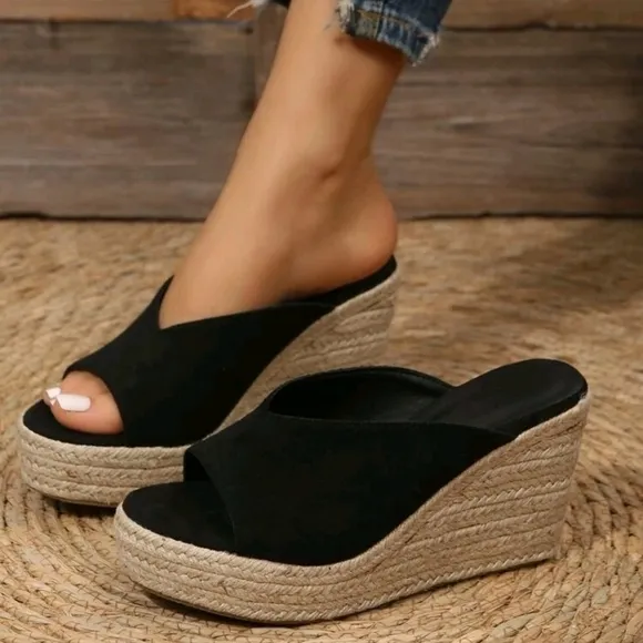Minimalist Espadrille Faux Suede Wedge Slide Sandals