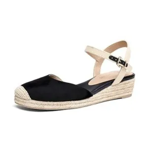 Miss Left Black Closed Toe Elastic Ankle Strap Espadrilles Wedge Sandals