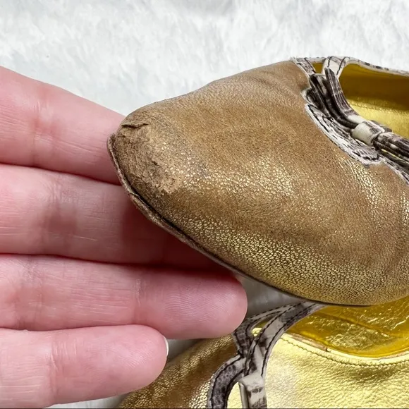 Miu Miu Gold Metallic Leather Pointed Toe Ballet Flats Snake Print Trim 38.5