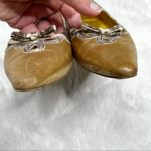 Miu Miu Gold Metallic Leather Pointed Toe Ballet Flats Snake Print Trim 38.5