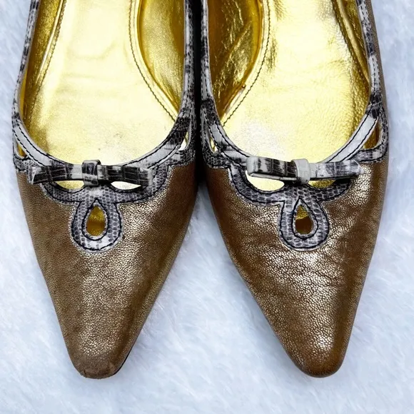 Miu Miu Gold Metallic Leather Pointed Toe Ballet Flats Snake Print Trim 38.5