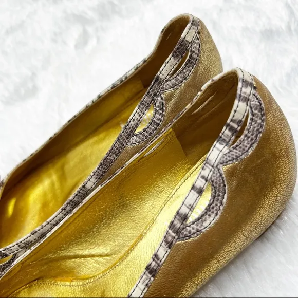 Miu Miu Gold Metallic Leather Pointed Toe Ballet Flats Snake Print Trim 38.5