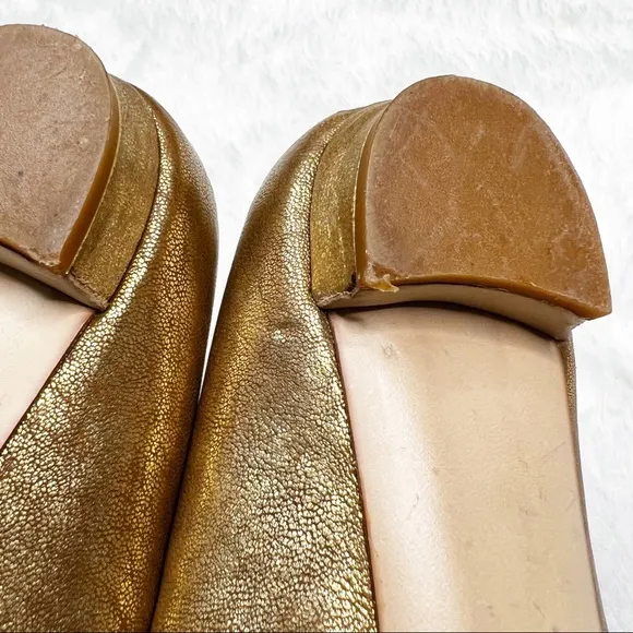 Miu Miu Gold Metallic Leather Pointed Toe Ballet Flats Snake Print Trim 38.5