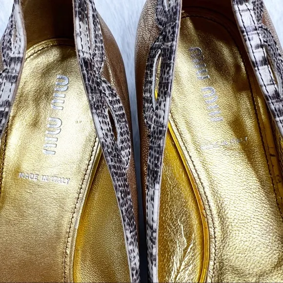 Miu Miu Gold Metallic Leather Pointed Toe Ballet Flats Snake Print Trim 38.5