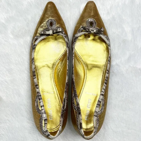Miu Miu Gold Metallic Leather Pointed Toe Ballet Flats Snake Print Trim 38.5