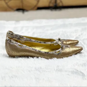 Miu Miu Gold Metallic Leather Pointed Toe Ballet Flats Snake Print Trim 38.5
