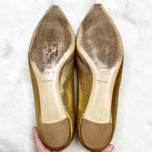 Miu Miu Gold Metallic Leather Pointed Toe Ballet Flats Snake Print Trim 38.5