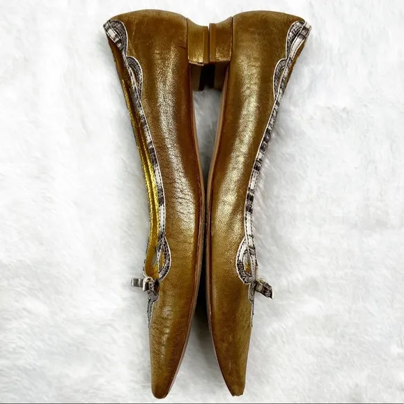 Miu Miu Gold Metallic Leather Pointed Toe Ballet Flats Snake Print Trim 38.5