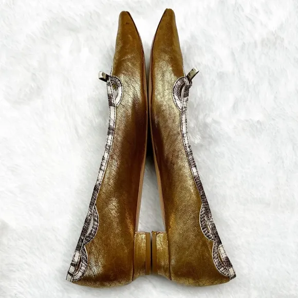 Miu Miu Gold Metallic Leather Pointed Toe Ballet Flats Snake Print Trim 38.5