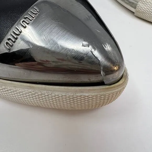 Miu Miu Loafers Women's 38.5 Black Leather Silver Toe Cap Slip On Luxury Shoes