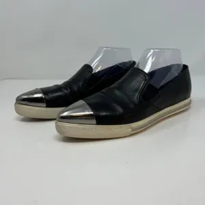 Miu Miu Loafers Women's 38.5 Black Leather Silver Toe Cap Slip On Luxury Shoes