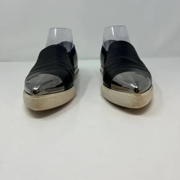 Miu Miu Loafers Women's 38.5 Black Leather Silver Toe Cap Slip On Luxury Shoes
