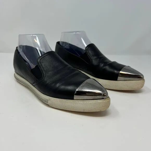 Miu Miu Loafers Women's 38.5 Black Leather Silver Toe Cap Slip On Luxury Shoes