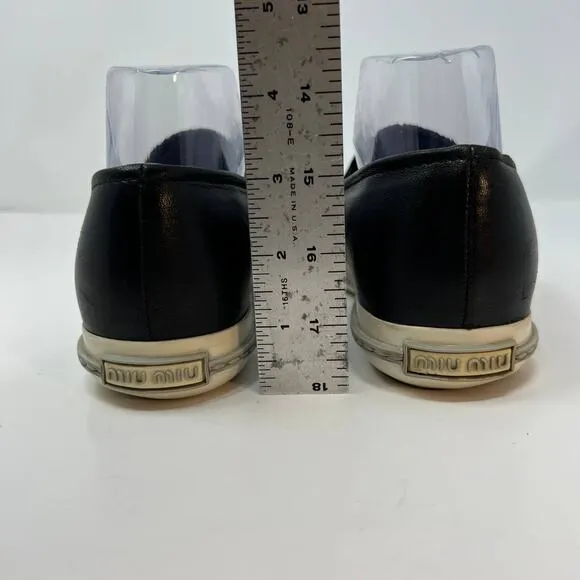 Miu Miu Loafers Women's 38.5 Black Leather Silver Toe Cap Slip On Luxury Shoes