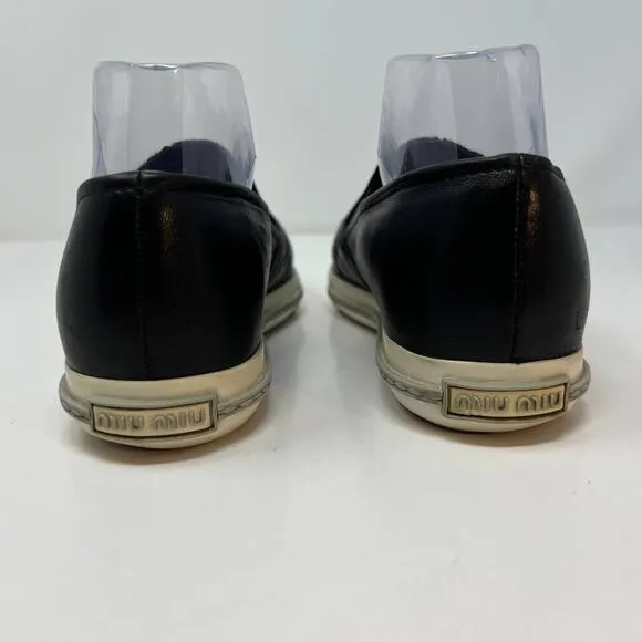 Miu Miu Loafers Women's 38.5 Black Leather Silver Toe Cap Slip On Luxury Shoes