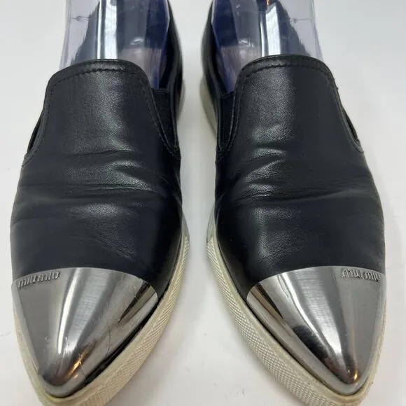 Miu Miu Loafers Women's 38.5 Black Leather Silver Toe Cap Slip On Luxury Shoes