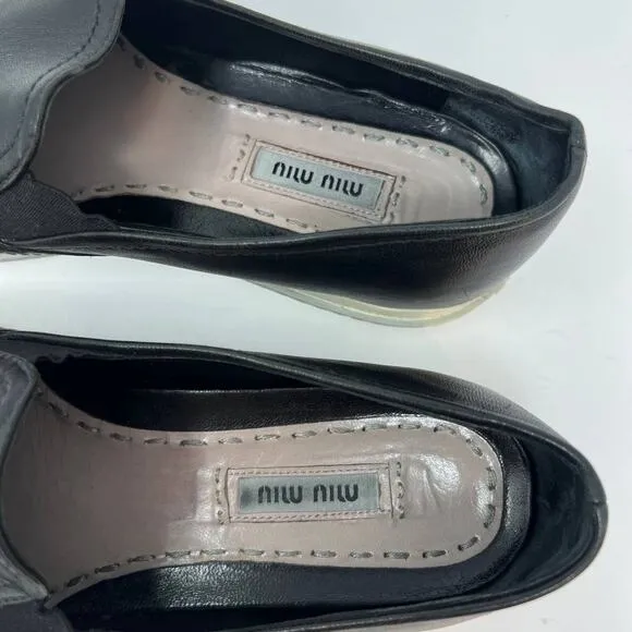 Miu Miu Loafers Women's 38.5 Black Leather Silver Toe Cap Slip On Luxury Shoes