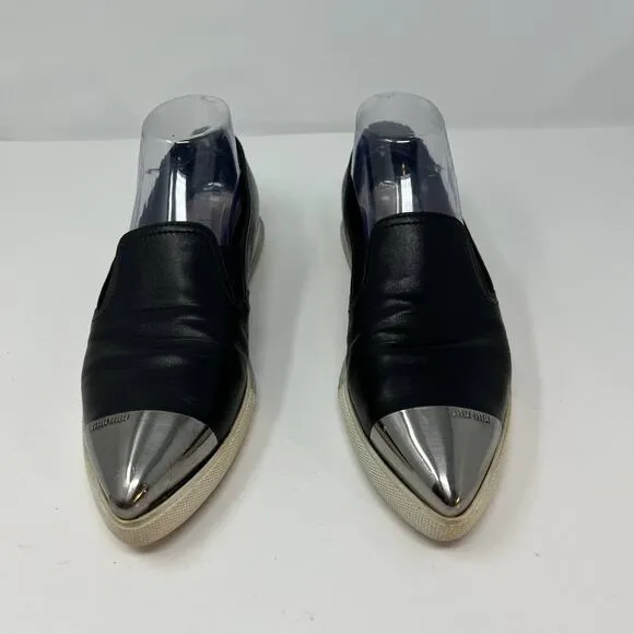 Miu Miu Loafers Women's 38.5 Black Leather Silver Toe Cap Slip On Luxury Shoes