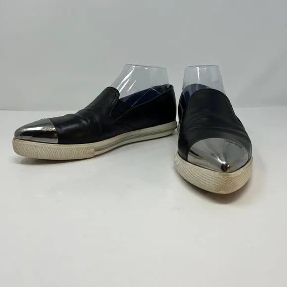 Miu Miu Loafers Women's 38.5 Black Leather Silver Toe Cap Slip On Luxury Shoes