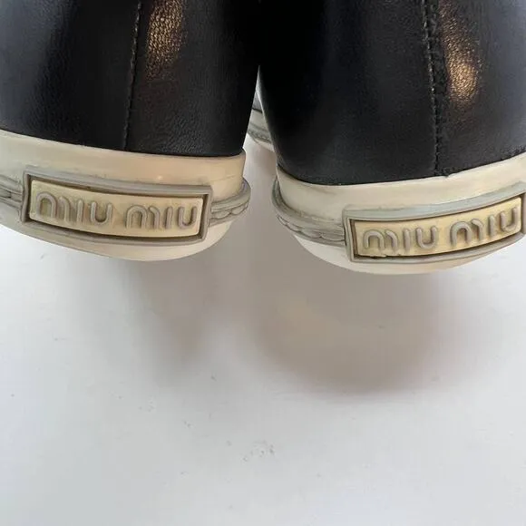 Miu Miu Loafers Women's 38.5 Black Leather Silver Toe Cap Slip On Luxury Shoes