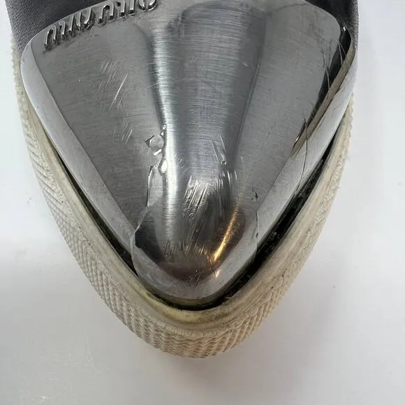 Miu Miu Loafers Women's 38.5 Black Leather Silver Toe Cap Slip On Luxury Shoes