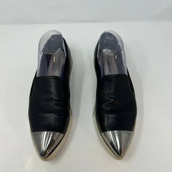 Miu Miu Loafers Women's 38.5 Black Leather Silver Toe Cap Slip On Luxury Shoes