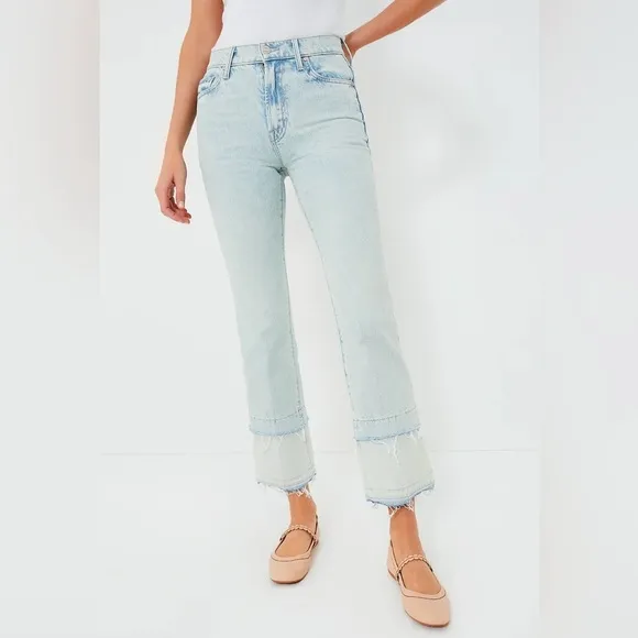 MOTHER Sideways Insider Double Double Hover Jeans Light Blue Bootcut Distressed