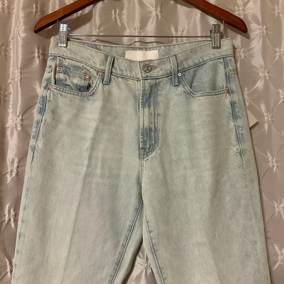 MOTHER Sideways Insider Double Double Hover Jeans Light Blue Bootcut Distressed