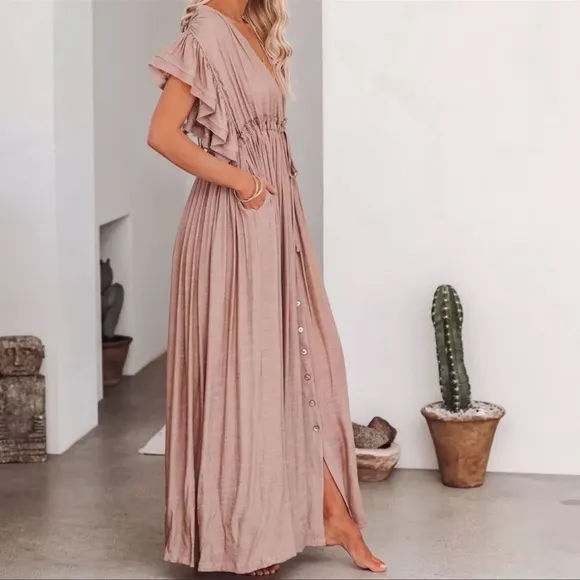 Muted Mauve Boho Gauze Boho Button Flutter Sheer Maxi Dress W/Adjustable Waist