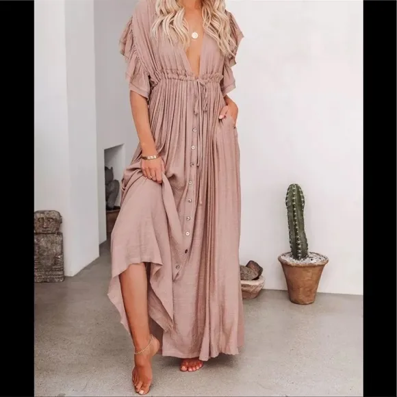 Muted Mauve Boho Gauze Boho Button Flutter Sheer Maxi Dress W/Adjustable Waist