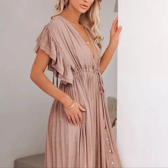 Muted Mauve Boho Gauze Boho Button Flutter Sheer Maxi Dress W/Adjustable Waist