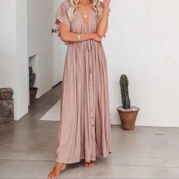 Muted Mauve Boho Gauze Boho Button Flutter Sheer Maxi Dress W/Adjustable Waist