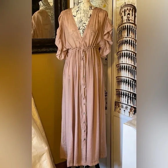 Muted Mauve Boho Gauze Boho Button Flutter Sheer Maxi Dress W/Adjustable Waist
