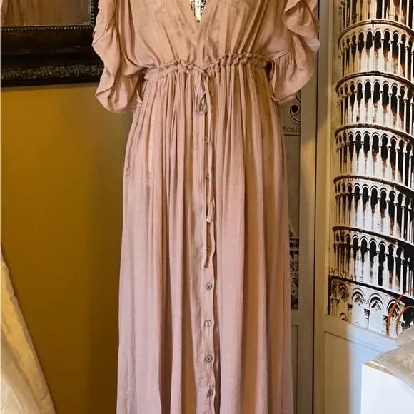 Muted Mauve Boho Gauze Boho Button Flutter Sheer Maxi Dress W/Adjustable Waist
