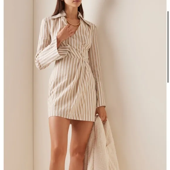 Nanushka Esma Cotton Linen Striped Wrap Open Back Mini Dress White Beige XS NEW