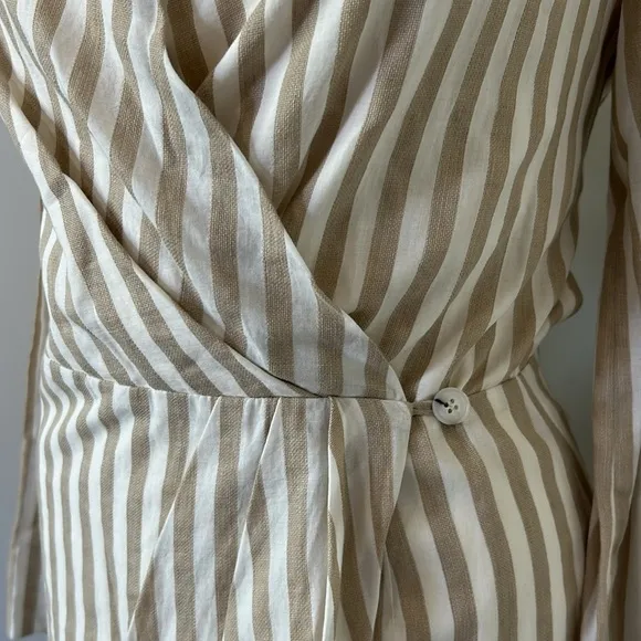 Nanushka Esma Cotton Linen Striped Wrap Open Back Mini Dress White Beige XS NEW