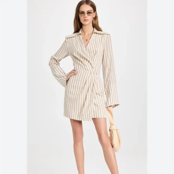 Nanushka Esma Cotton Linen Striped Wrap Open Back Mini Dress White Beige XS NEW