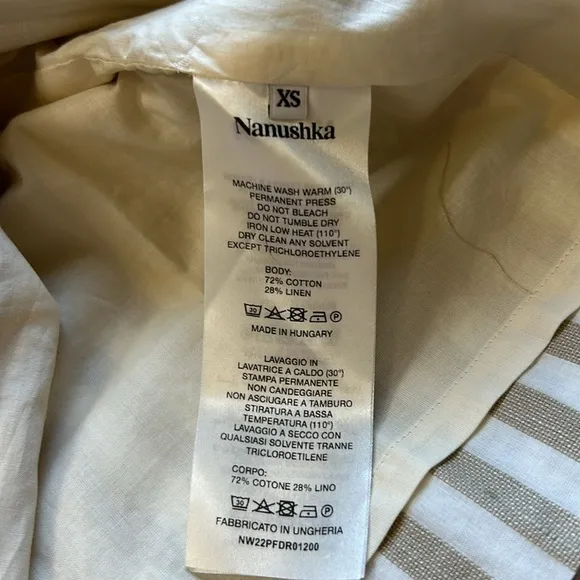 Nanushka Esma Cotton Linen Striped Wrap Open Back Mini Dress White Beige XS NEW