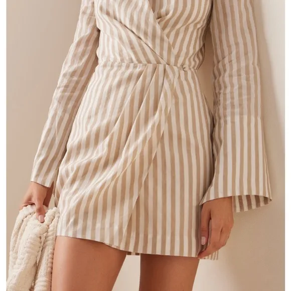 Nanushka Esma Cotton Linen Striped Wrap Open Back Mini Dress White Beige XS NEW